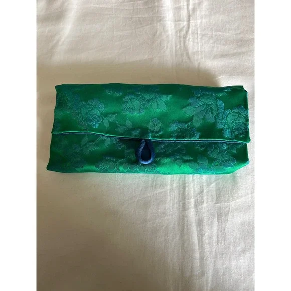 Vintage Floral Brocade Jewelry Roll Travel Organizer Green Navy Blue Satin 3 Zip