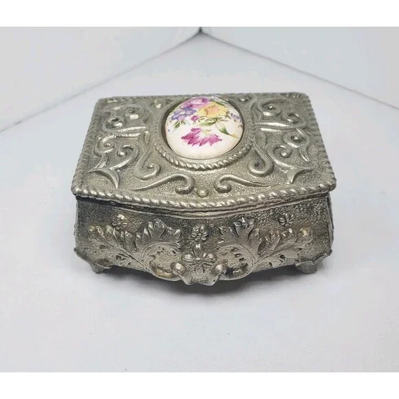 Vintage Mini Embossed Pewter Trinket Floral Jewellery Box Japan 1950s