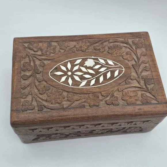 Vintage Hand Carved Wood Box Floral Design Inlay velvet lined Jewelry Box