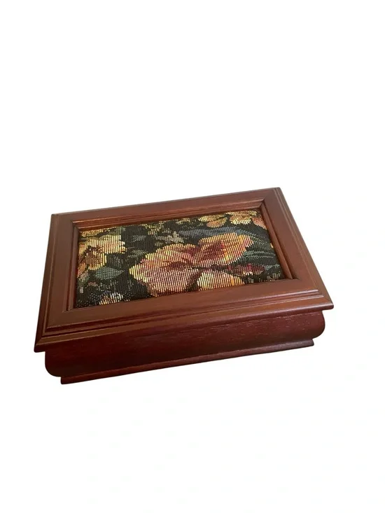 Vintage Wooden Jewelry Box Floral Tapestry Lid Mirror Removable Tray Brown