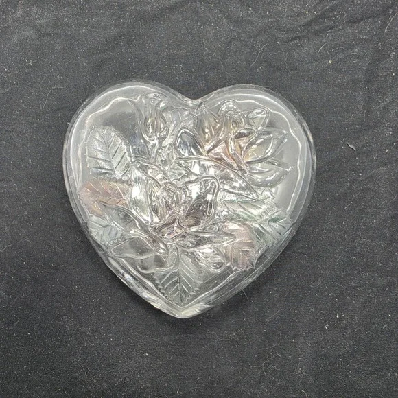 Vintage Iridescent Heart Glass Trinket Box Rose Floral Lidded Jewelry Dish Clear