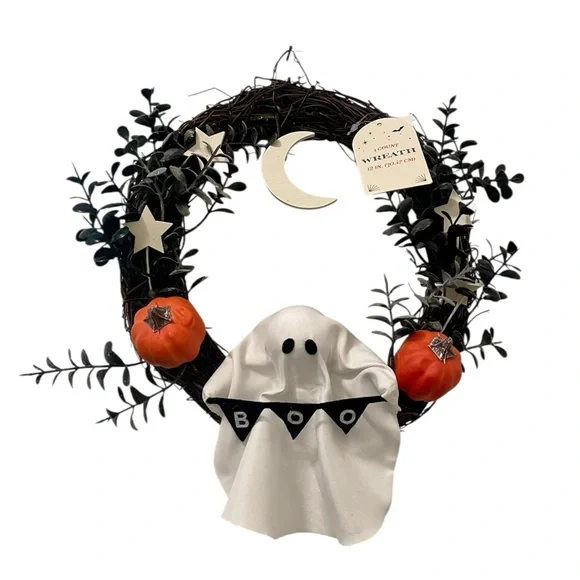 Ghost Wreath with Mini Pumpkins, Moon and Stars