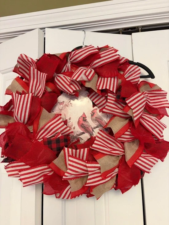 Festive Red Burlap and Stripe Holiday Wreath