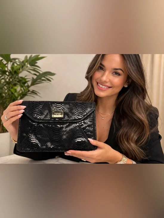 Michael Kors Black Snakeskin Clutch 13”x 9” Like New