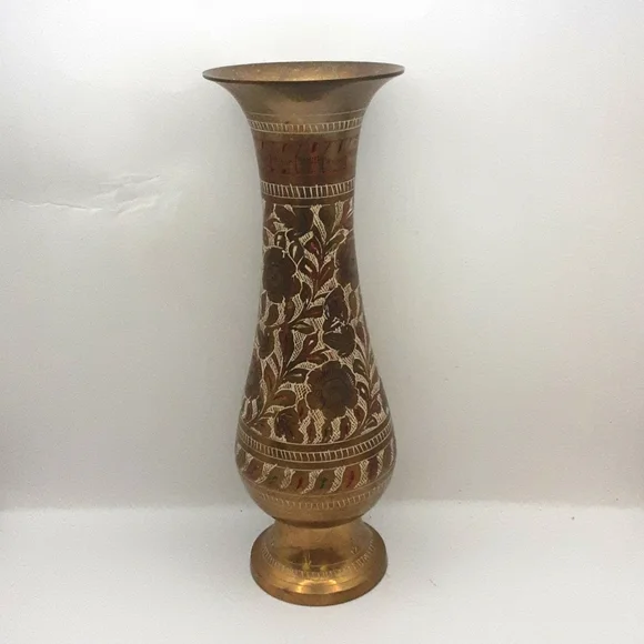 Brass Etched Vase Made in Baghdad, Iraq Large 10