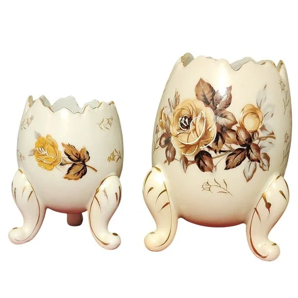 VTG Napcoware Vase Porcelain Egg Shaped 3 Footed Planters Set Floral Rose Decor