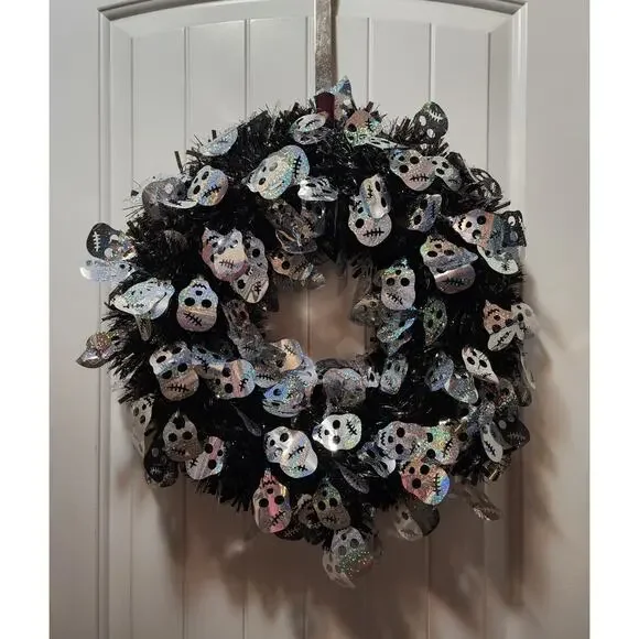 Halloween Tinsel Wreath Black with Silver Skeletons Door Decor 19