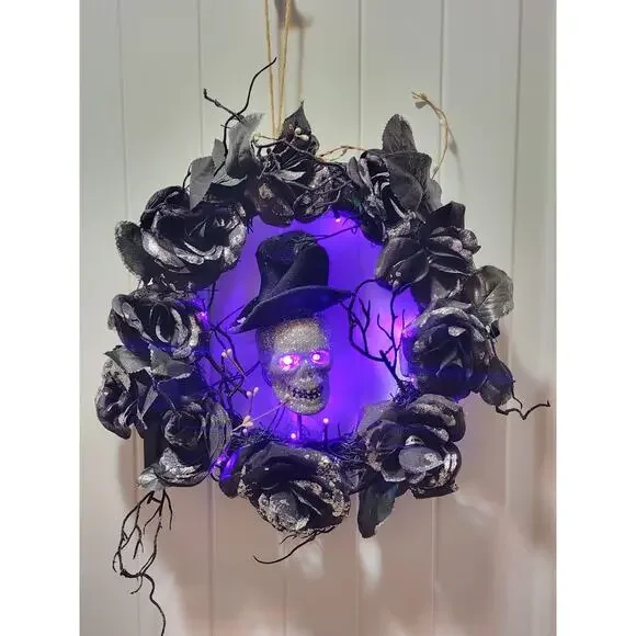 Halloween Purple LED Black Grapevine Wreath Silver Skull Flowers Branches 16