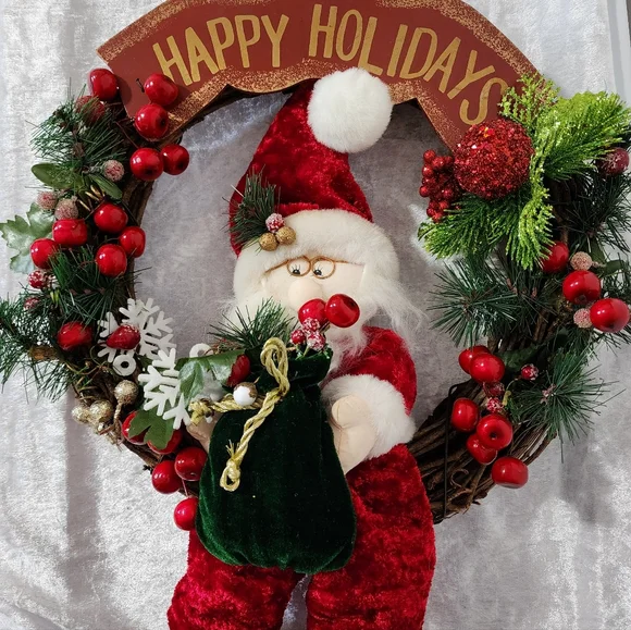 Festive Santa Holiday Wreath with Red and Green Accents Christmas Cottagecore