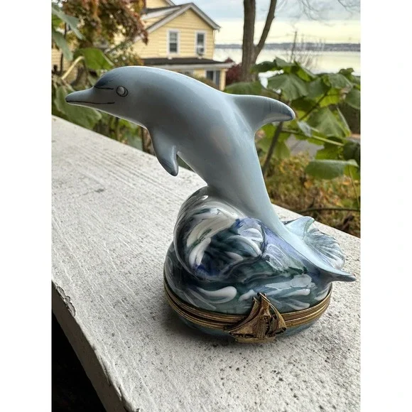 Limoges France Dubarry Dolphin Waves Trinket Box Sailboat Clasp Hand Painted