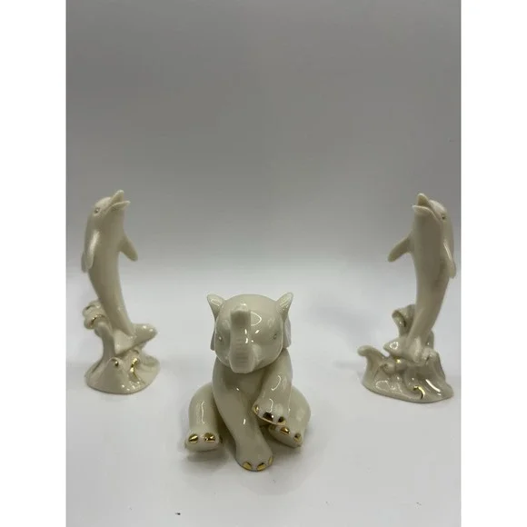 LENOX Porcelain Dolphins & Elephant Figurines 24k Gold Vintage (Lot of 3)