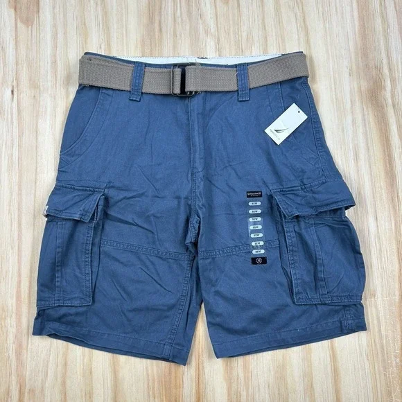 Nautica NEW Navy Blue 100% Cotton Baggy Cargo Twill‎ Shorts with Gray Belt 32