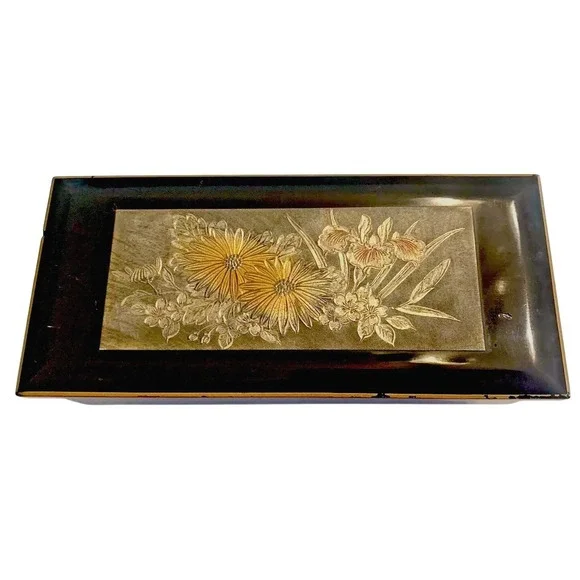 Yutaka Lacquerware Floral‎ Metal Relief Music Jewelry Box Japan #2002 Black Gold