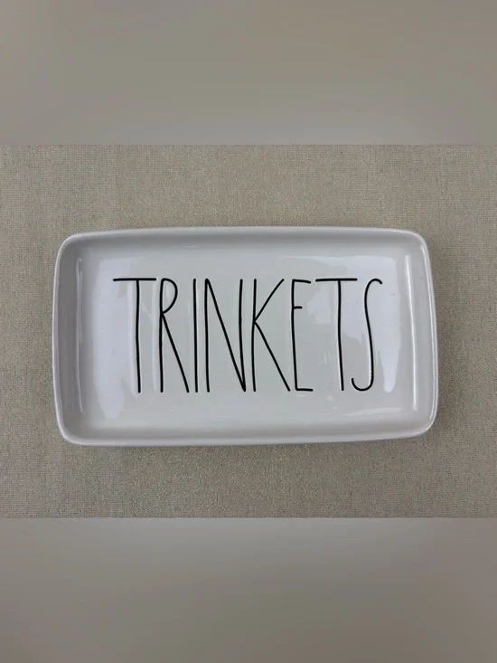 Rae Dunn by Magenta White Ceramic Tray Labeled “TRINKETS” in Black Lettering