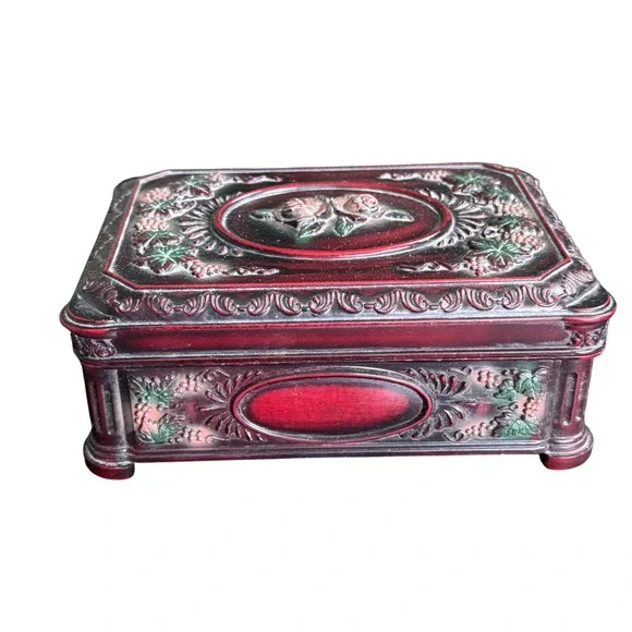 Vintage Style Burgundy Rose and Grapevine Relief Celluloid Jewelry Box