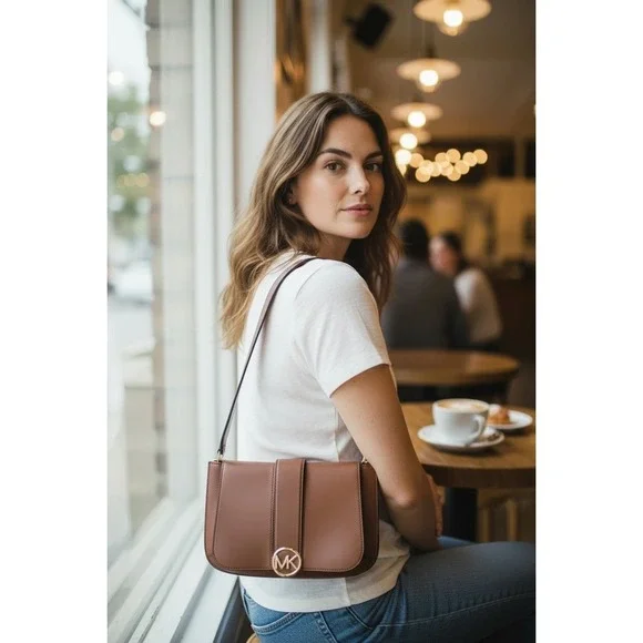 Michael Kors Shoulder Bag Womens Small Luggage Brown Excellent MK Logo Leather‎