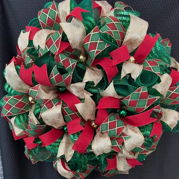 Christmas Wreath Gold, Red, and Green Made of Deco Mesh