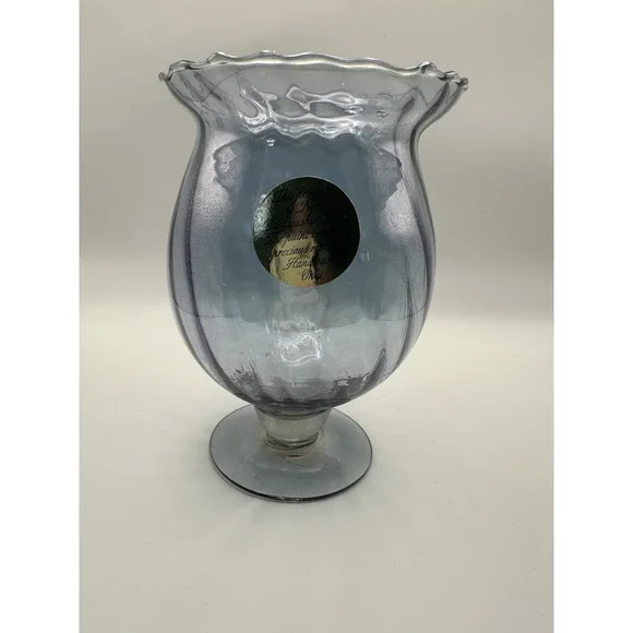 Vintage Opalescent Blue Blown Glass & Precious‎ Metal Footed Vase w/ Ruffled Rim