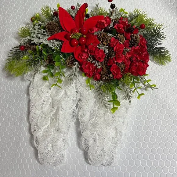 Angel Wing Christmas Wreath with Roses and a Poinsettia