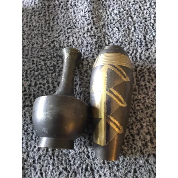 Vintage Terrybear India Brass Vases Mixed Metal Floral Geometric Decor Set of 2