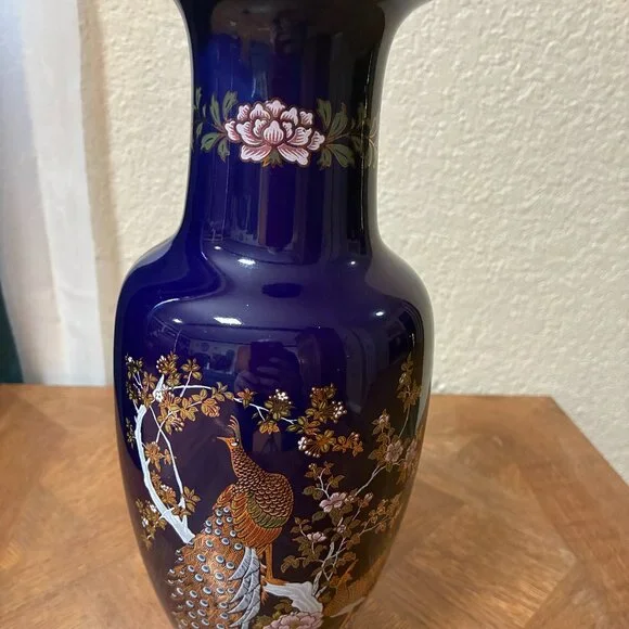 10 Inch Cobalt Blue Porcelain Vase Peacock Floral with Gold Trim Made In Japan.
