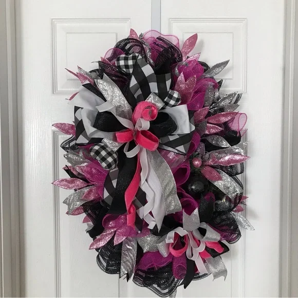 Festive Pink and Black Holiday Jeweled Wreath!