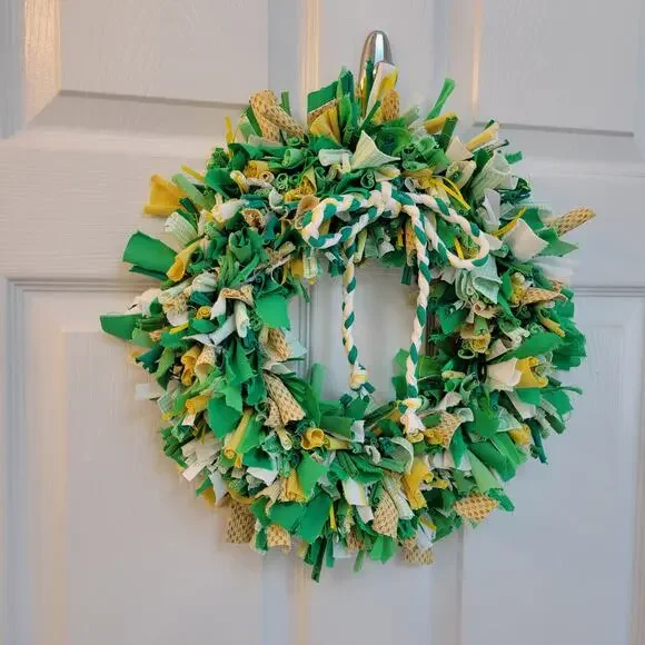 Handcrafted Upcycled Small Spring Fabric Wreath Green, Yellow, White, 14