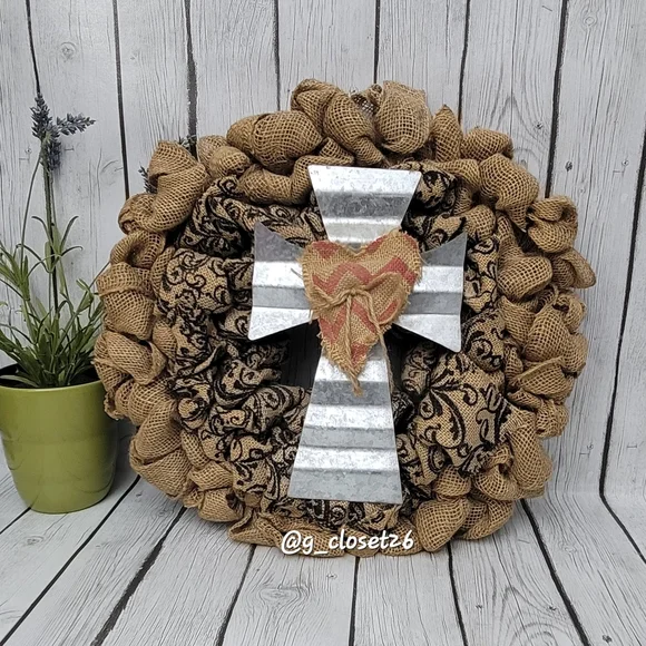 Rustic Burlap Wreath with Galvanize Cross