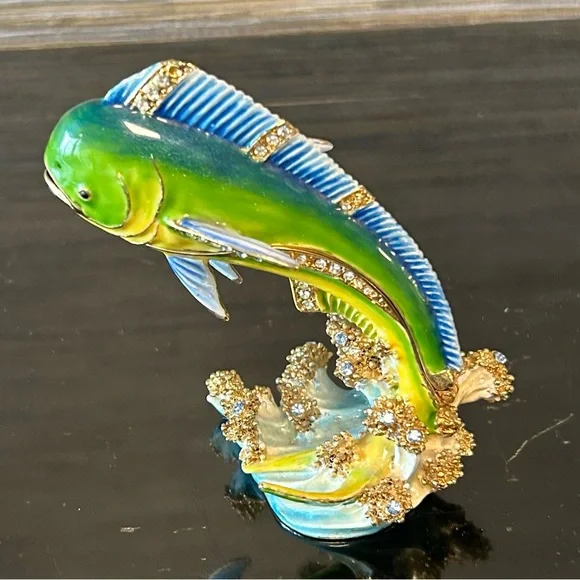 Jeweled Enamel Mahi Mahi Fish Hinged Trinket Box Figurine Blue & Green