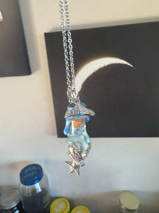 Silver Mermaid Potion Bottle Necklace with Blue Glass Accent