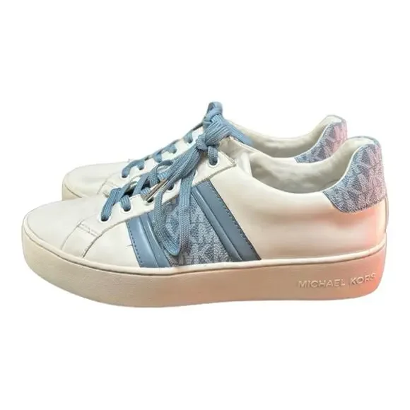 Michael Kors Poppy Logo Stripe Lace‎ Up Sneakers Women’s 8.5 White Blue