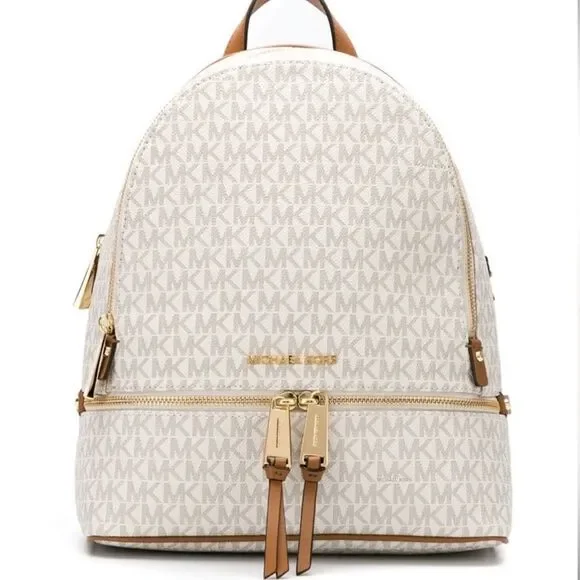NEW WITH TAGS Michael Kors Rhea Zip Medium Backpack | Vanilla Signature MK