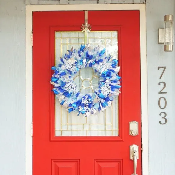 Blue and White Let It Snow Deco Mesh Wreath with Snowflake Accents