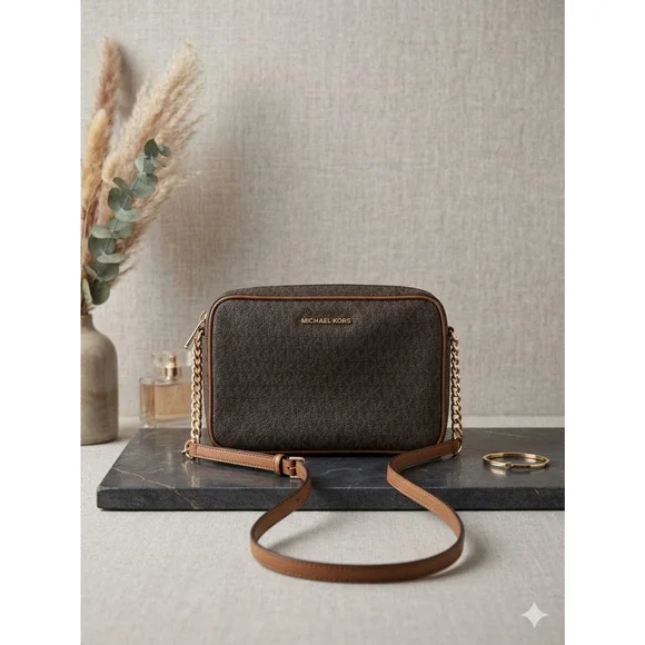 Michael Kors Jet Set Large East West Crossbody Bag Brown Monogram Logo Purse
