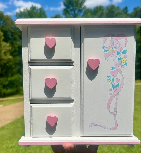Vintage Jewelry Box White Pink Hearts 90's Floral Drawer