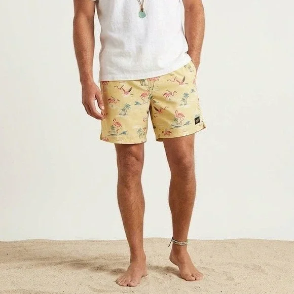 Howler Brothers Horizon Hybrid Shorts Mens L Yellow Flamingo Tropical Print Surf
