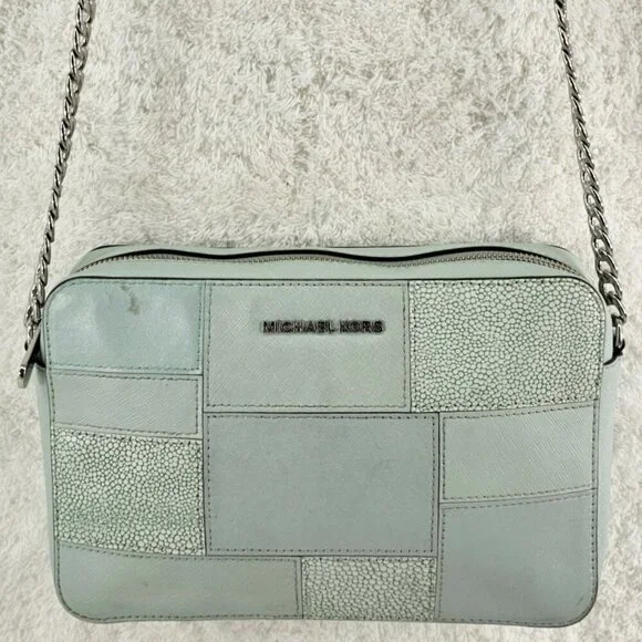 MICHAEL KORS Mint Green Patchwork Tiles Jet Set Camera Crossbody Bag Chain Strap