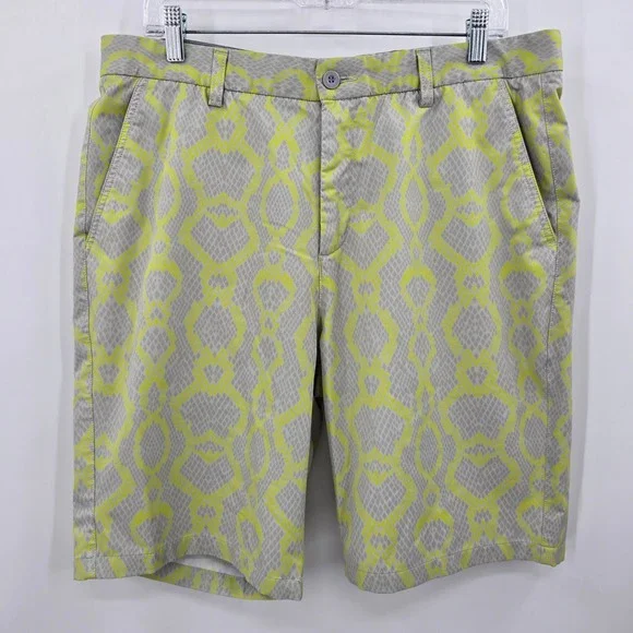 Hreski Mens Golf Shorts Size 36 Neon Yellow Grey Snakeskin Geometric Flat Front