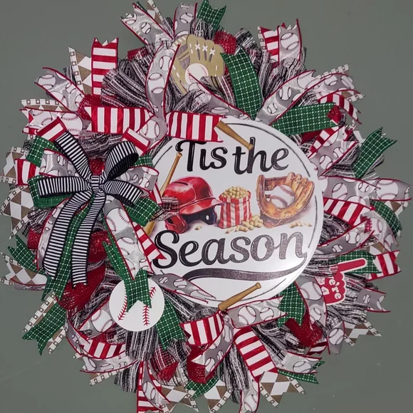 Hand Crafted ’Tis the Season Baseball Wreath - Red, Green, White