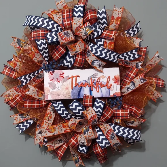 Festive Thankful Wreath with Orange and Blue Ribbons