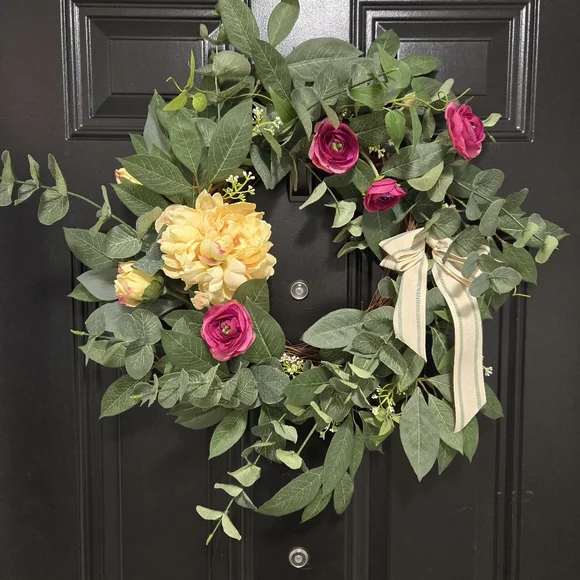 Everyday Wreath with Yellow Peony, Fuscia Ranunculus, and Lush Greenery