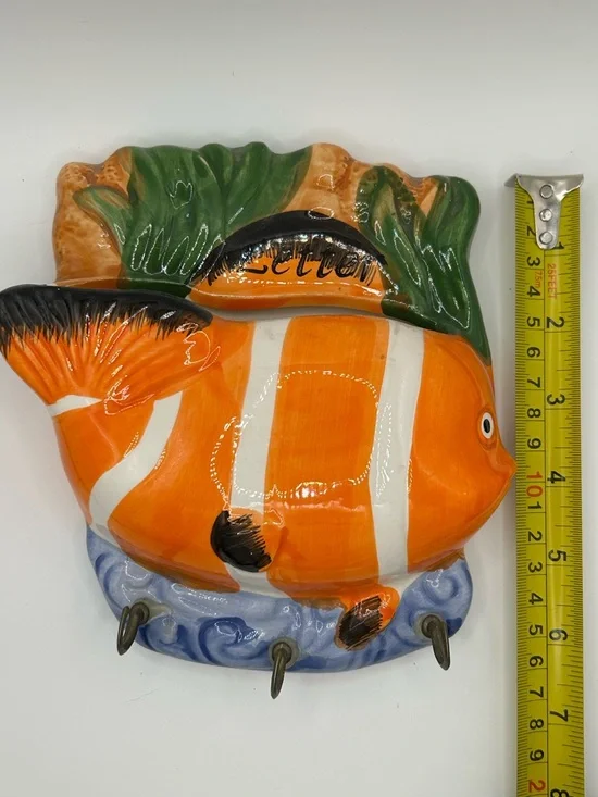 Ceramic Orange Striped Fish Wall Hook & letter holder Nautical