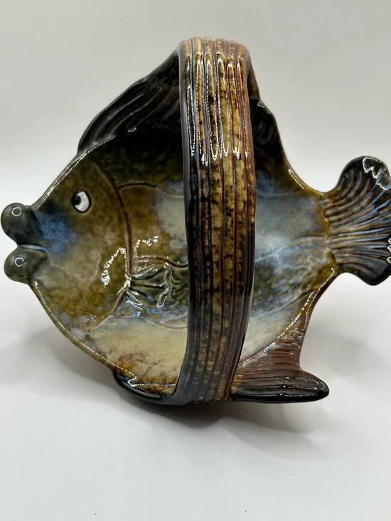 Vintage Handcrafted Ceramic Fish Bowl - Olive Green and Brown