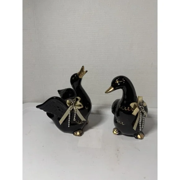 VTG Black Gold Ceramic Ducks Set Animal Figurines Made In Taiwan 6