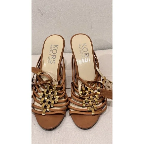 Michael Kors Wedge Sandals‎ Size 8 Brown Leather Strappy Gold Accent Heels