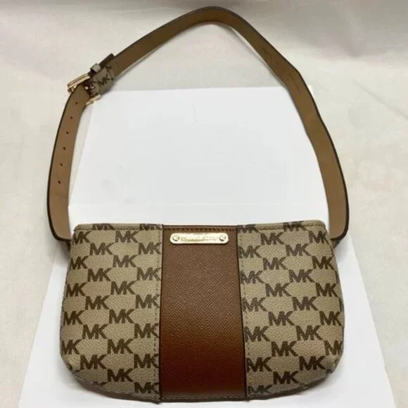 Michael Kors Belt Bag Fanny Pack Signature MK Brown Tan Crossbody Purse L/XL EUC