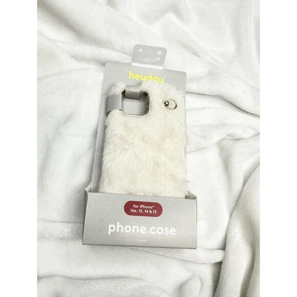 Heyday Furry Ring Phone Case IPhone 16e 15 14 13 Beige Cream Fur Strap Holder