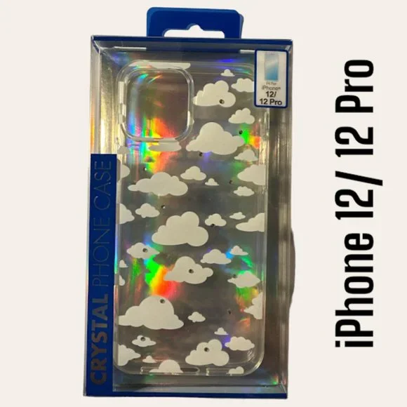 Cute iPhone 12/12 pro Crystal Clear Case with White Clouds and Diamonds (AA)