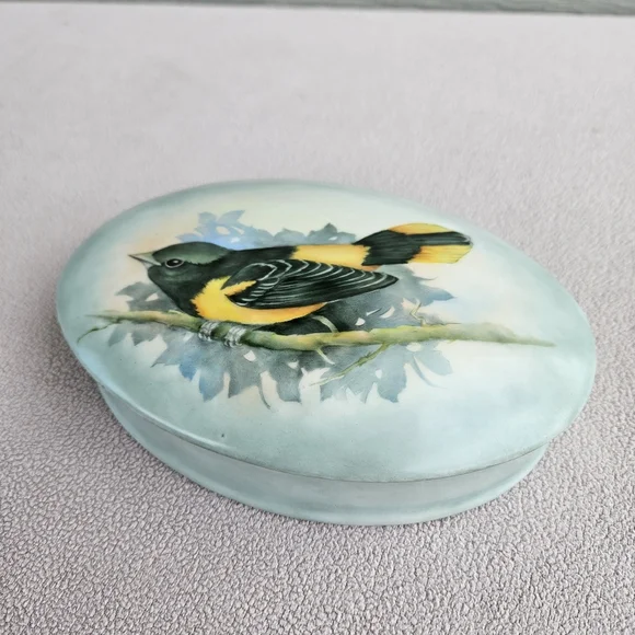 VTG Handpainted Ceramic Jewelry Trinket Box Bird Baltimore Oriole Oval 7