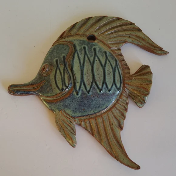 Handcrafted Green Ceramic Fish Wall Accent - Decorative Fish Plaque 8x8